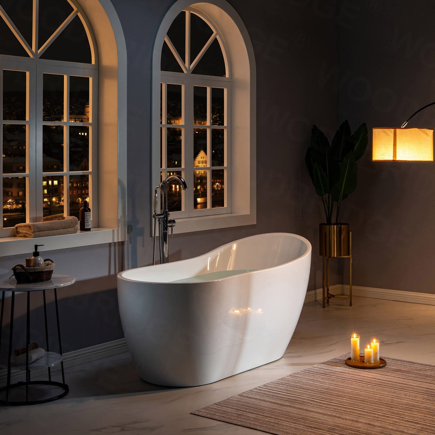 WOODBRIDGE 59" Acrylic Freestanding Bathtub Contemporary Soaking White Tub with Oil Rubbed Bronze Overflow and Drain,White,B1530 ORB