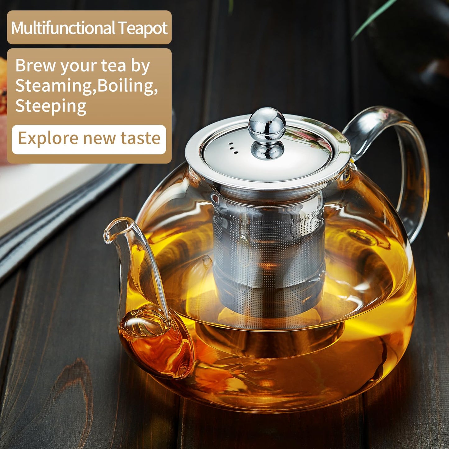 DOPUDO 40OZ (1200ML) Glass Teapot with Infuser Stovetop Safe, Clear Glass Tea Pot Kettle, Borosilicate Tea Pot with Infusers Filter for Loose Tea, Tea Kettle Dishwasher Safe