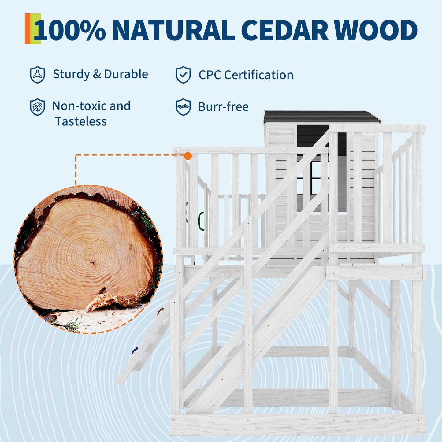 GarveeLife Outdoor Wooden Playhouse with Climbing Wall, 2 Story Wooden Playhouse with Step Ladder, Elevated Modern Cedar Playhouses Kids