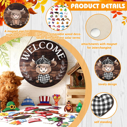 35 Pcs Holiday Interchangeable Highland Cow Welcome Sign Highland Cow Seasonal Wooden Hanging Door Decor Patriotic Farmhouse Hanging Sign for Front Door Graduation Party Decoration