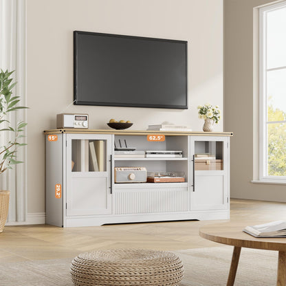 Garvee 63 in Farmhouse TV Stand for TVs Up to 72 in, Wave Pattern Entertainment Center with 2 Glass Door Cabinets & 2 Open Shelves, Sturdy Wood Media Console for Living Room, White & Natural