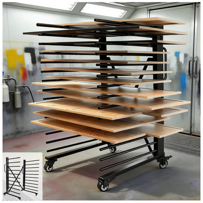 Heavy-Duty Metal Rolling Paint Rack, Expandable Woodworking Drying Rack, Staining & Curing Trim & Wood Panels for Cabinet Doors, Reinforced Steel Frame with 7.5" Casters, Paint Studios/Factory (Black)