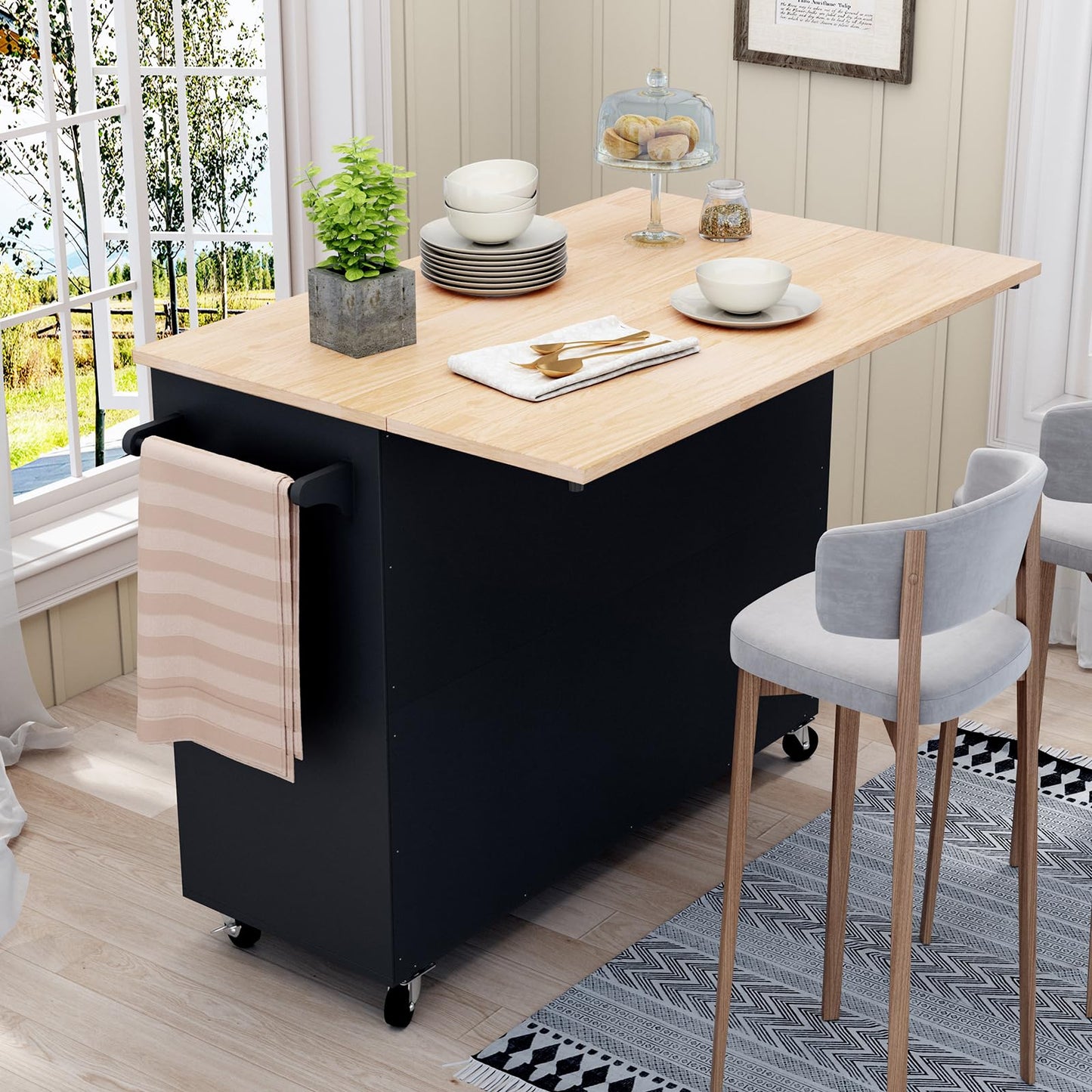 HLR Kitchen Island with Storage, Black Rolling Kitchen Island on Wheels with Drop-Leaf Bar Countertop, Island Table for Kitchen with Side Open Spice Rack and Tower Rack, Extra Storage for Kitchen