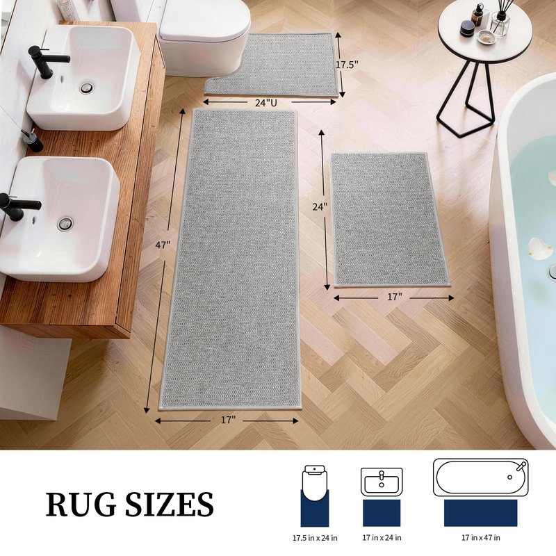 YIHOUSE Gray Bathroom Rugs Sets 3 Piece, Quick Dry Thin Bath Mat with Toilet Rug, Non Slip Absorbent Machine Washable, Bath Runner Rugs for Bathtub Sink Home Decor