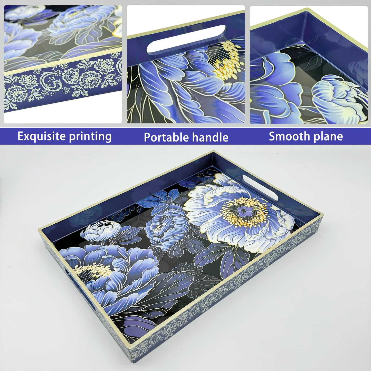 PDUHKO Serving Tray with Handles, 15.7 * 11.8 inches, Plastic Ottoman Tray with Exquisite Paintings, Trays for Coffee Table