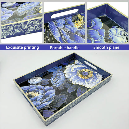 PDUHKO Serving Tray with Handles, 15.7 * 11.8 inches, Plastic Ottoman Tray with Exquisite Paintings, Trays for Coffee Table