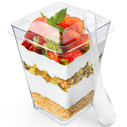 Sammray 100 Pack 5 oz Dessert Cups with Lids and Spoons – Plastic Parfait Cups for Appetizer and Desserts be it, Mousse, Tiramisu, Pudding, or salads - Perfect for Parties