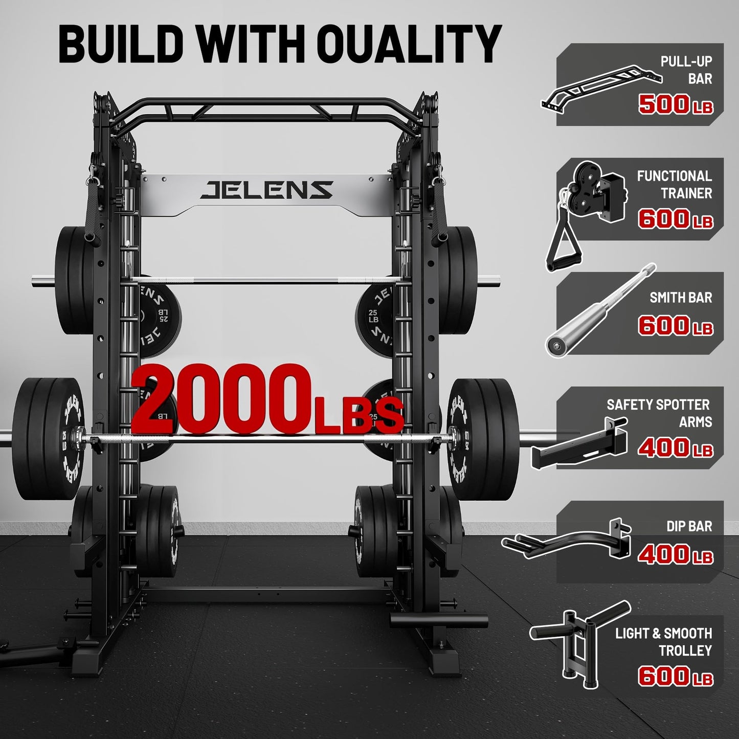 JELENS Smith Machine for Home Gym, Multi-Function M12 Power Cage, Squat Rack with Smith Bar and More Attachment (Black, 190LB Black Weights Package)