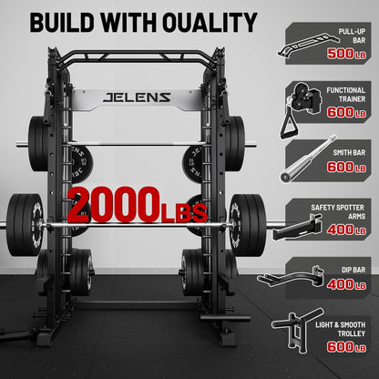 JELENS Smith Machine for Home Gym, Multi-Function M12 Power Cage, Squat Rack with Smith Bar and More Attachment (Black, 230LB Black Weights Package)
