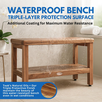 EcoDecors Teak Shower Bench with Large Storage Shelf 36", 300 lb Capacity – Waterproof Bathroom Seat with Non-Slip Feet, Elegant Natural Teak Finish, Ideal for Adults, Seniors, & Spa-Style Bathrooms