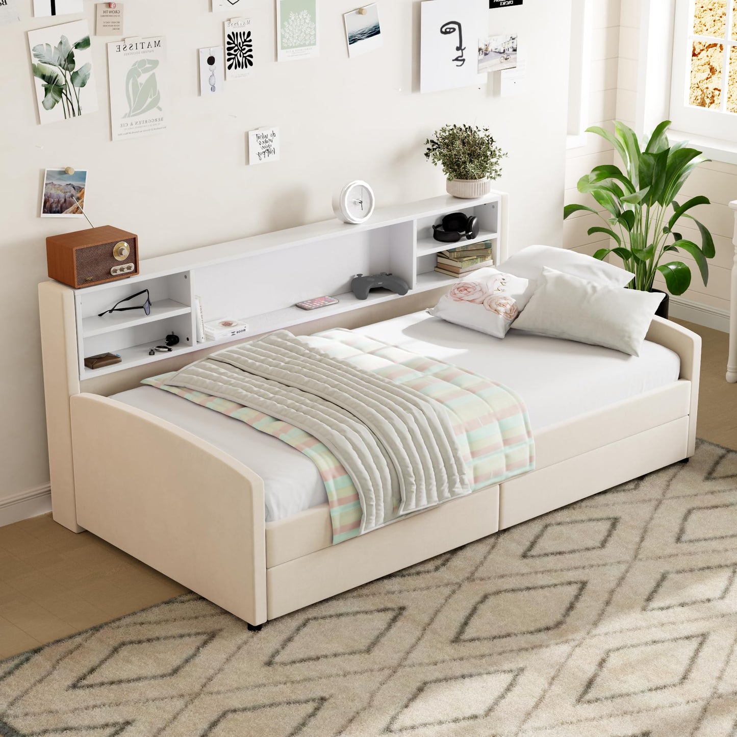 Merax Twin Size Upholstered Platform Bed with Storage and Drawers, Beige