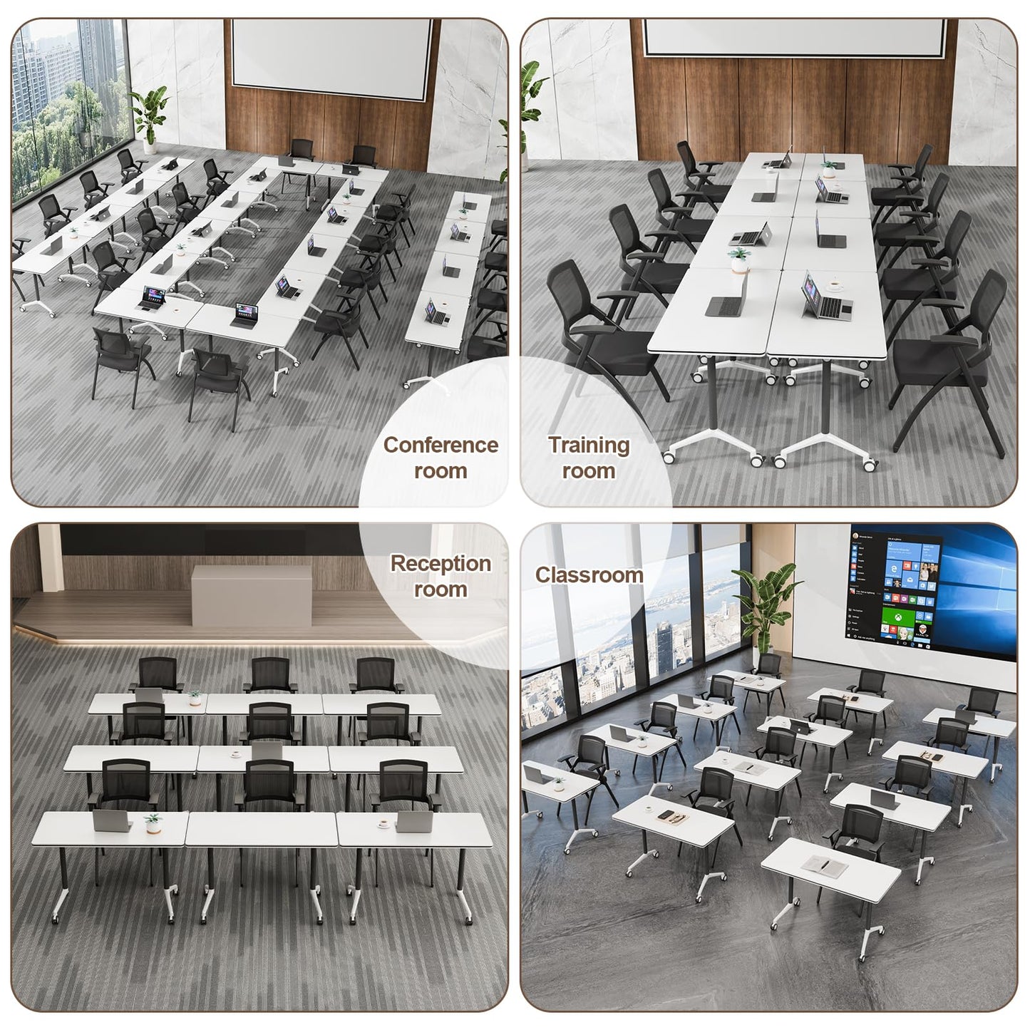 robwibw Folding Conference Room Table Modular Large Mobile Training Meeting Table Rolling Conference Tables with Wheels Seminar Tables for Office Training Classroom(6, Matte White, 63 INCH)