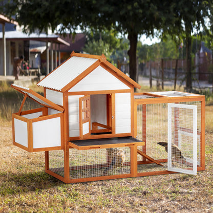 Wooden Chicken Coop & Rabbit Hutch – Portable Hen House for 4-6 Chickens with 5 Access Doors, Nesting Box, Removable Tray, & PVC Roof, Backyard Chicken House for Rabbits, Ducks, Cats, Guinea Pigs