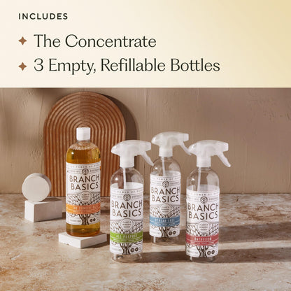 Branch Basics Cleaning Essentials Kit: All Purpose, Glass and Bathroom Cleaner - Concentrate (33.8 Oz) (17 Refills) + Refillable Plastic Spray Bottles (24 Oz) Plant Based, Human-Safe, & Fragrance Free