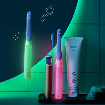 Quip Sonic Toothbrush for Kids with Timer - Includes Extra Brush Head and Travel Cover Mount - Electric, Soft Bristle Refill Head, Rubber Handle, 3 Month Battery Life - Travel Toothbrush - Blue