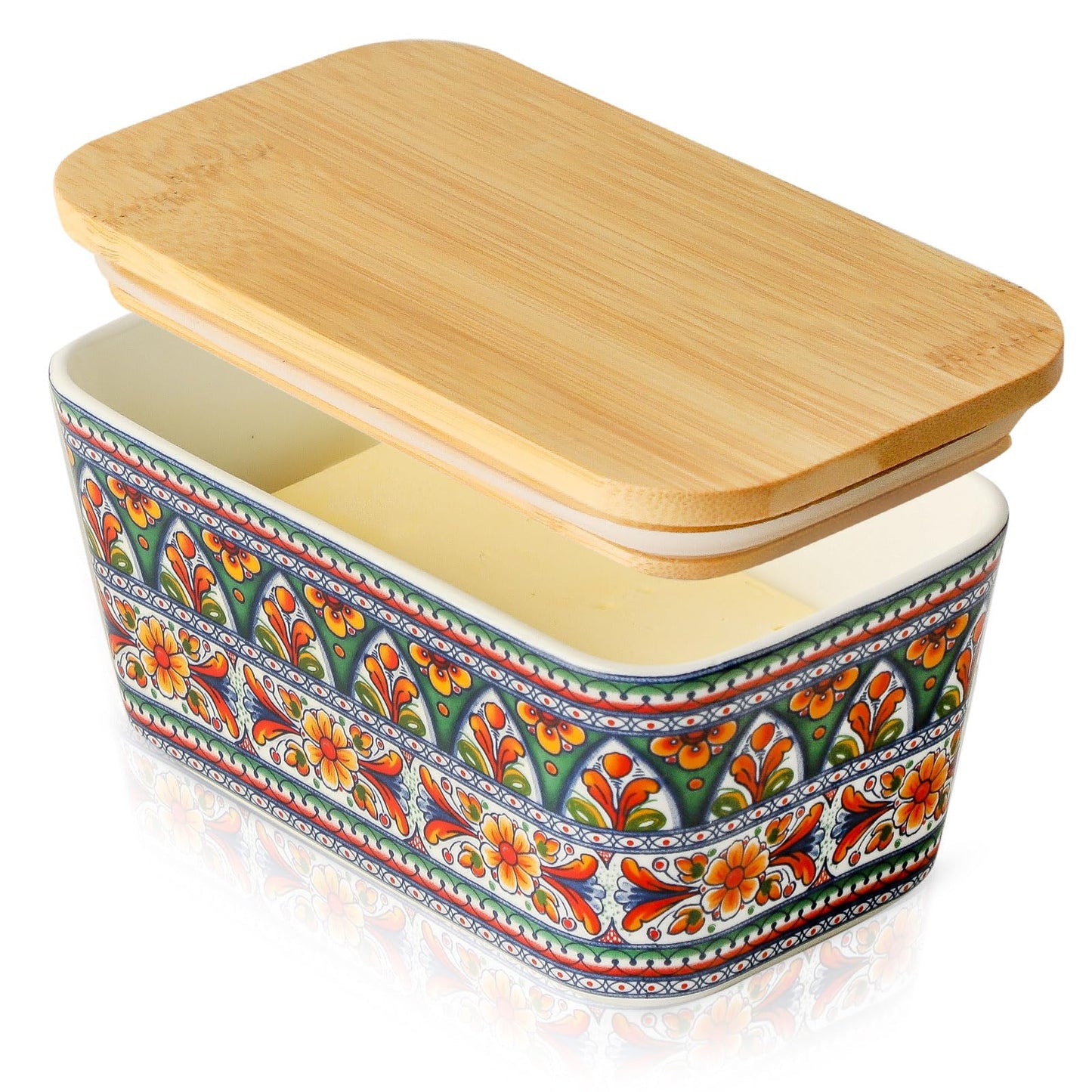 JINGUS Butter Dish - Large Ceramic Bohemian Butter Dish with Lid for Countertop, Airtight Butter Container Holder Keeper Box Storage with Bamboo Cover and Silicone Ring for East West Coast