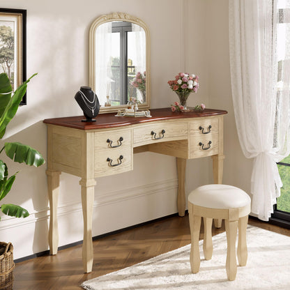 Merax 46" Vintage Makeup Vanity with Curved Flower Frame Mirror, Elegant Dressing Table with 5 Drawers and Leather Stool, Vanity Desk with Solid Wood Legs and Antique Handles for Bedroom