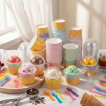 Jingmore 60 Set 4oz Ice Cream Paper Cups with Lids and Spoons, Disposable Sundae Bowls, Dessert Cups for Birthday Party Supplies, Ice Cream Bowls Bulk for Yogurt, Snacks