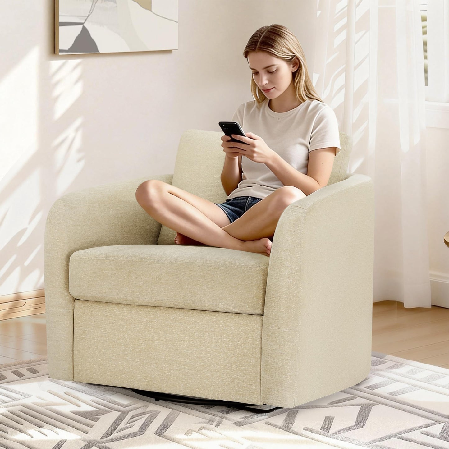 Swivel Accent Chair, Upholstered Barrel Chair with Washable Slipcover for Living Room Bedroom Reading Waitingroom,Sand