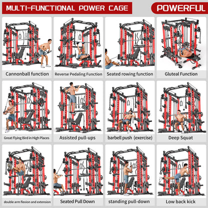 XGSW XINGESIWR Multi-Purpose Squat Rack,Smith Machine Weight Rack Set with Cable Crossover System, Home Gym Power Racks, Power Racks and Packages (L04, Power cage Black+Bench+Cast lron 184LBS)
