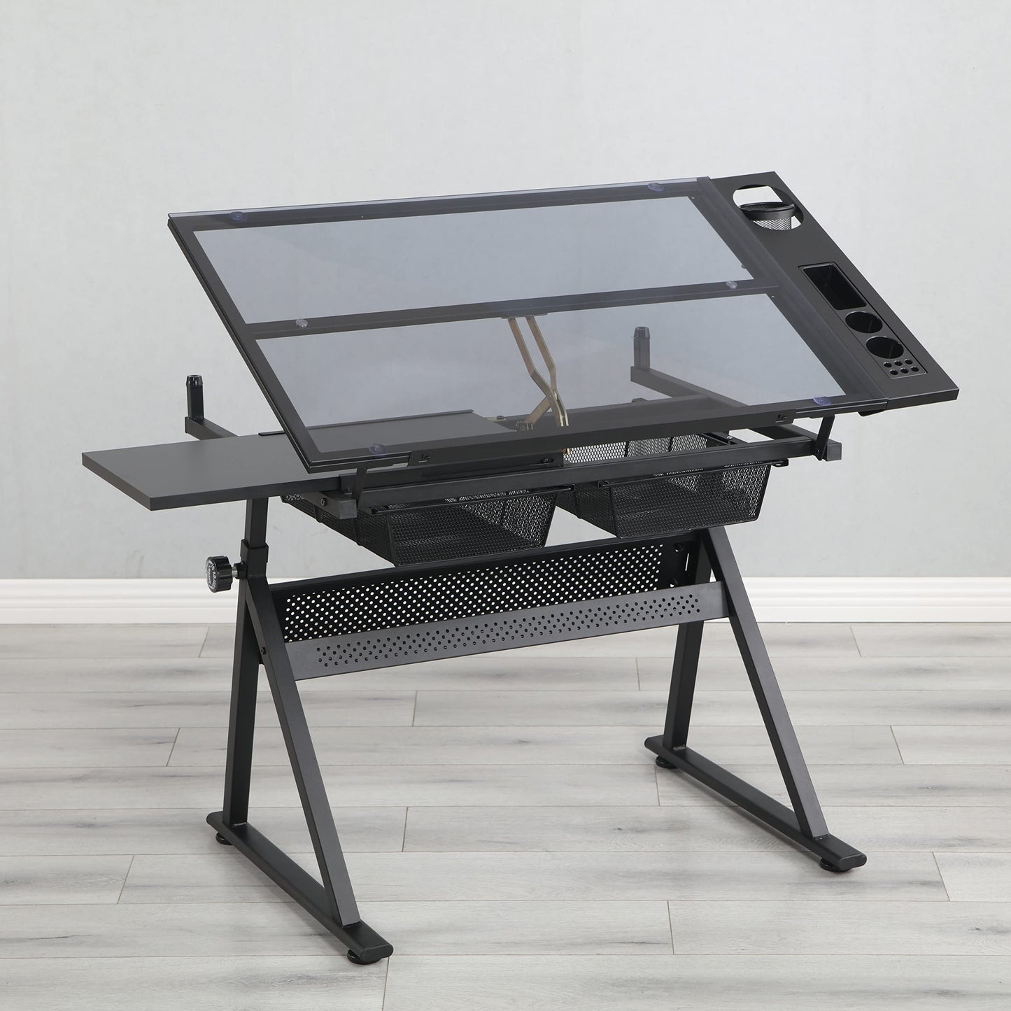 Adjustable Tempered Glass Drafting Table with Chair, Multi-Purpose Writing Desk for Home Office, Standing Desk, Gaming Desk, Computer Desk with Storage, Long Desk for Small Spaces,A1