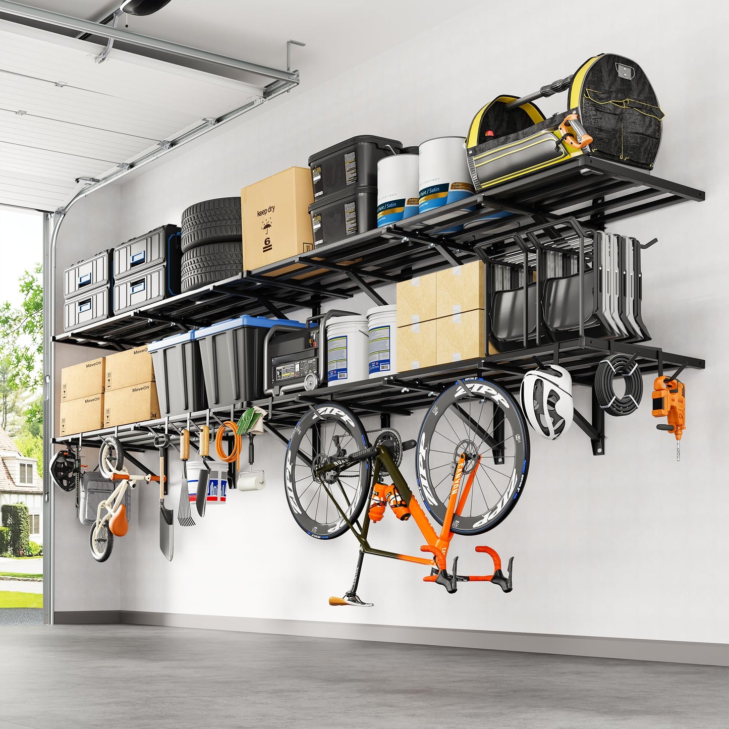 FLEXIMOUNTS 4-Pack 2x6ft Heavy Duty Garage Wall Shelving, 1200lbs Capacity, Garage Shelving Wall Mounted with 8 Hooks, Storage for Power Tools, Garden Supplies, Storage Bins, Lite Series