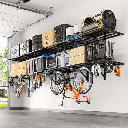 FLEXIMOUNTS 4-Pack 2x6ft Heavy Duty Garage Wall Shelving, 1200lbs Capacity, Garage Shelving Wall Mounted with 8 Hooks, Storage for Power Tools, Garden Supplies, Storage Bins, Lite Series