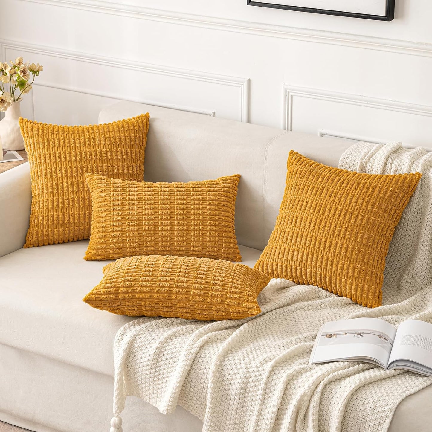 MIULEE Corduroy Throw Pillow Covers - Soft Boho Striped Design | 16x16 Inch, Gold Yellow for Modern Home Decor
