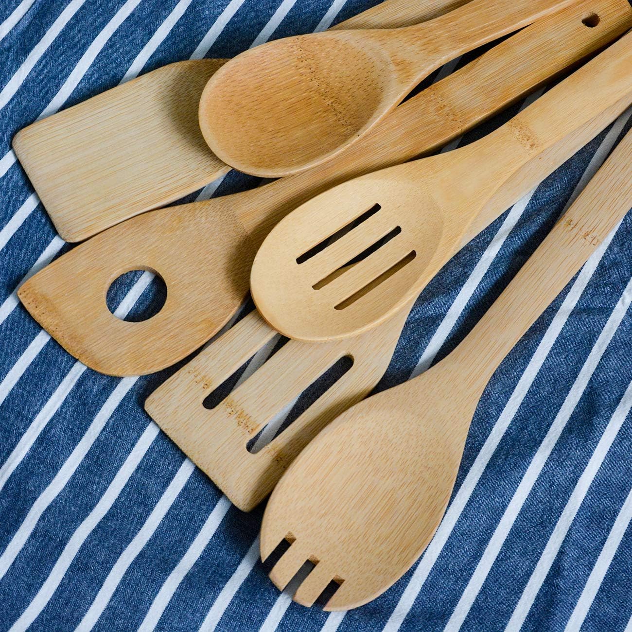 Bamboo Wooden Spoons & Spatulas Set, 6 Pieces Kitchen Cooking Utensils with 1 Holder, Heat Resistant for Non Stick