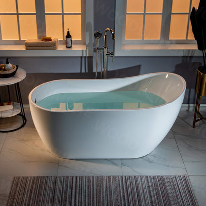 WOODBRIDGE 59" Acrylic Freestanding Bathtub Contemporary Soaking White Tub with Brushed Nickel Overflow and Drain，B-1530 -B/N-Drain &O