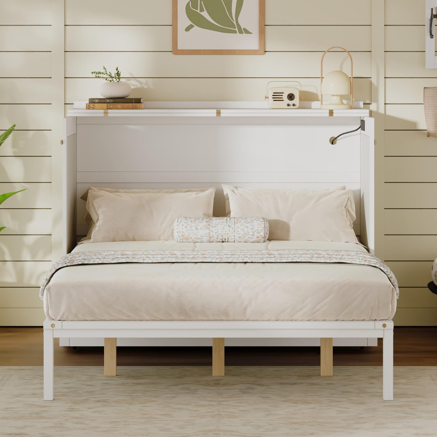 KEIKI Queen Murphy Bed Cabinet with Storage Drawers, Chest Cube Bed for Guest Room, Built-in Sockets & USB Ports, for Home Office or Small Bedroom, White