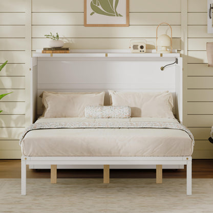 KEIKI Queen Murphy Bed Cabinet with Storage Drawers, Chest Cube Bed for Guest Room, Built-in Sockets & USB Ports, for Home Office or Small Bedroom, White