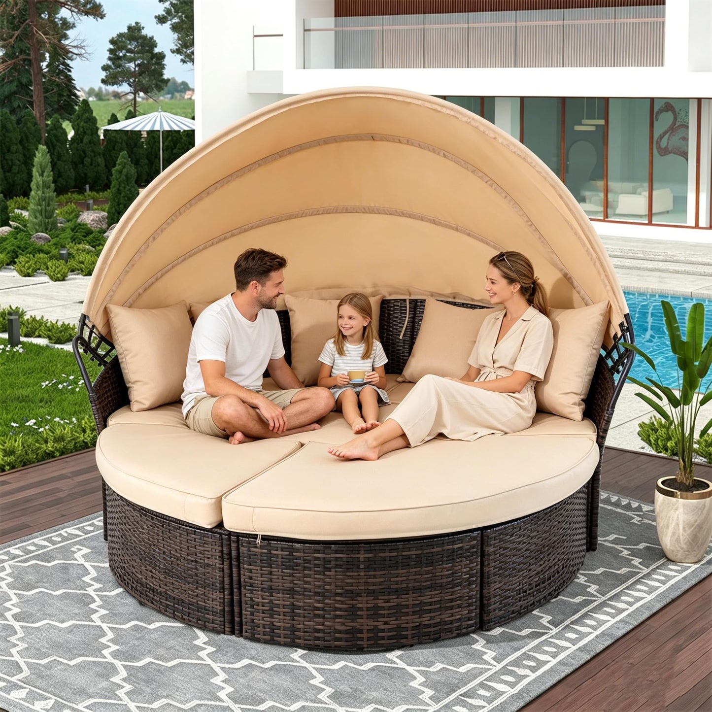 SUNCROWN Outdoor Patio Round Daybed with Retractable Canopy, Brown Wicker Furniture Sectional Couch with Washable Cushions, Backyard, Porch