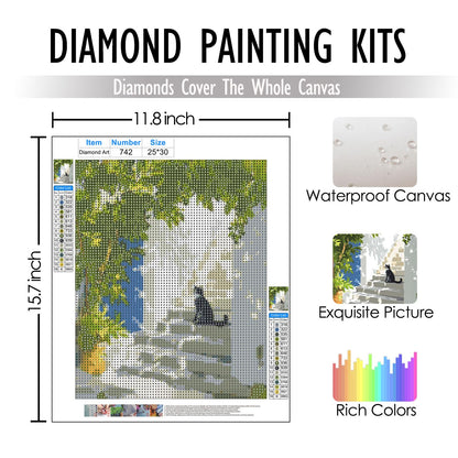 bitCNY 5D Diamond Painting Black Cat on Stairs, Full Drill DIY Diamond Art Kits for Adults, Modern Minimalist Animal Wall Decor 9.8x11.8 Inch