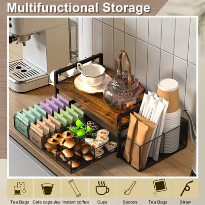 Tea Bag Organizer, Wood Tea Organizers and Storage Chest, Tea Bag Holder with Storage Drawer, 4 Hooks for Tea Cups Holder, Tea Station Chest Display Container Box for Countertop Kitchen, Rustic Brown