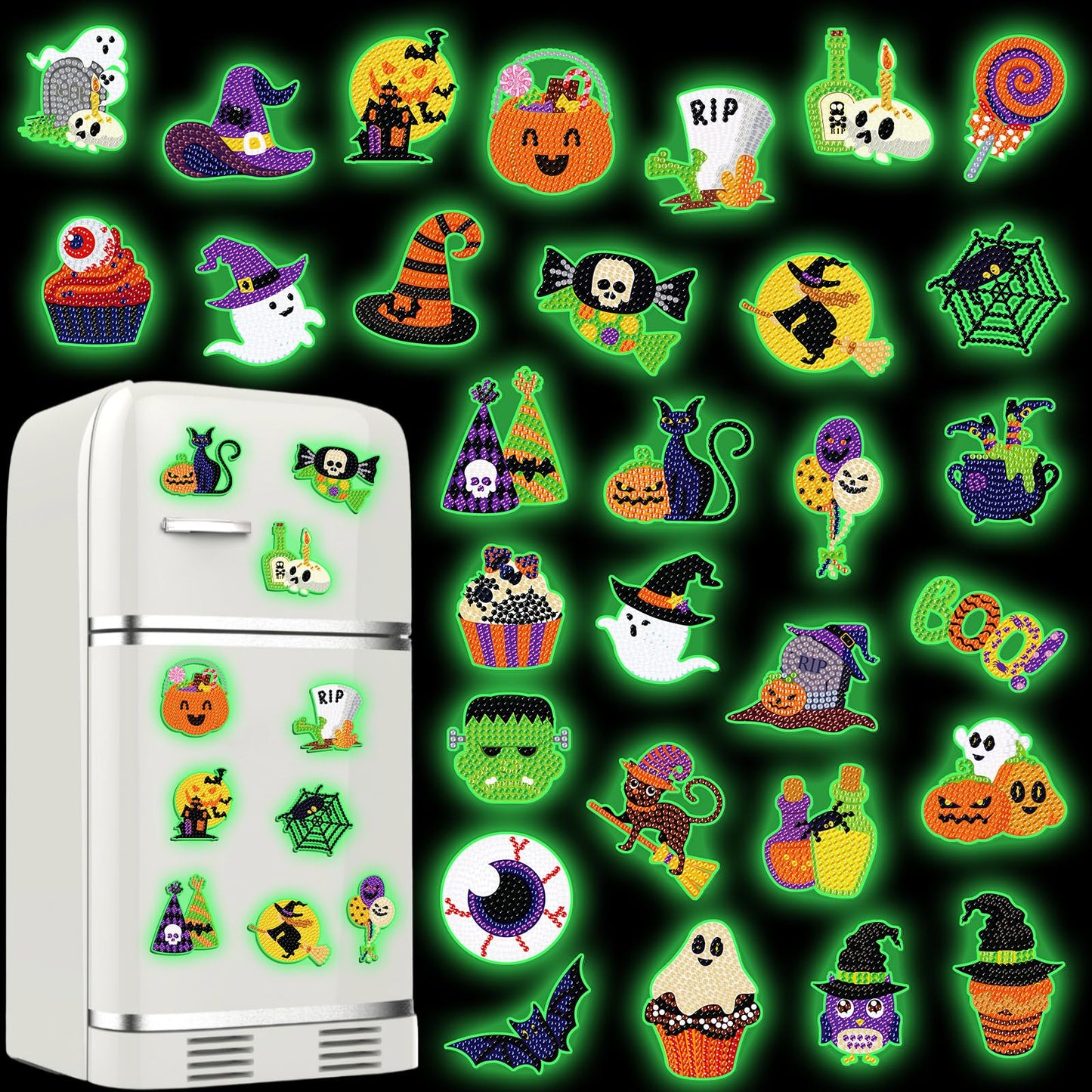 Motipuns 30 Pcs Luminous Halloween Diamond Painting Magnets Kits Glow in The Dark Diamond Art Fridge Magnet Refrigerator Sticker for Beginners Kid Adults Home Decors DIY Art Craft Gifts