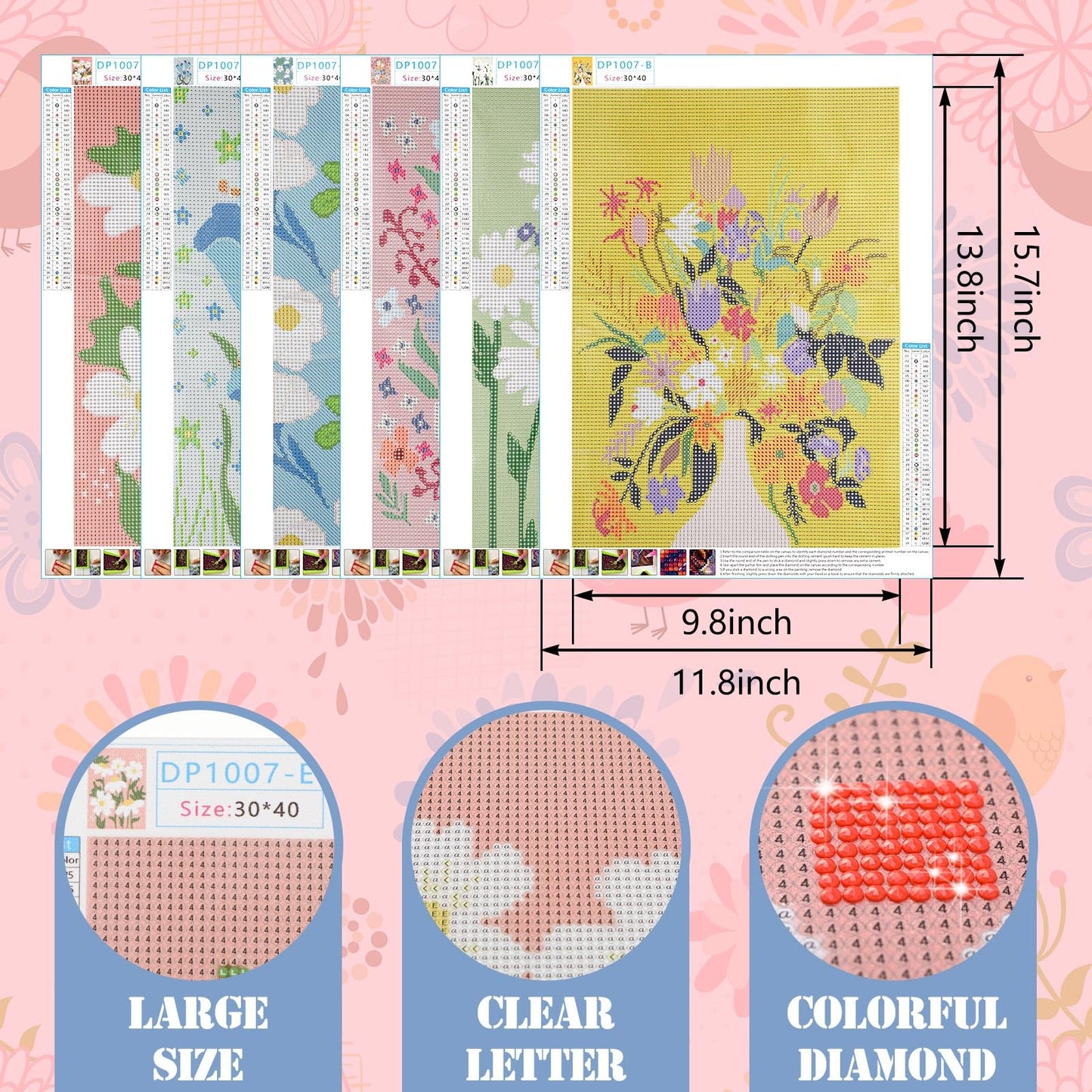 Trandraft 6 Pcs Diamond Art Paintings Kits 12 x 16 Inch Floral Diamond Art Accessories for Adults Wild Flowers Gem 5D DIY Crafts Aesthetic Wall Decor for Home