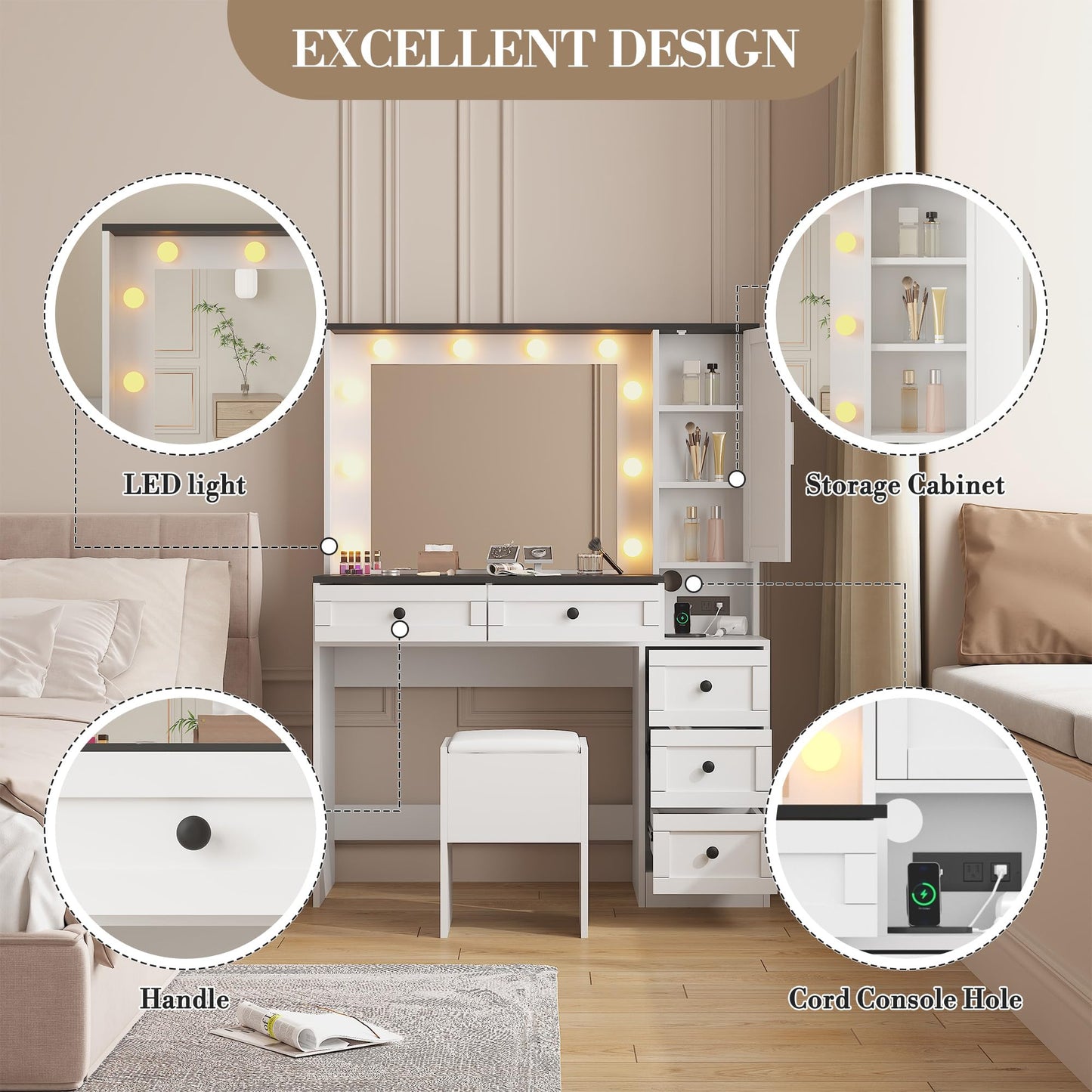 GarveeHome Makeup Vanity Desk and Stool, Vanity Desk with Lights, Vanity Table Set with Charging Station, Drawers and Hidden Storage Shelves, White