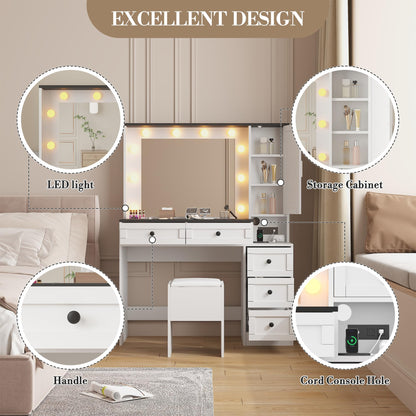 GarveeHome Makeup Vanity Desk and Stool, Vanity Desk with Lights, Vanity Table Set with Charging Station, Drawers and Hidden Storage Shelves, White