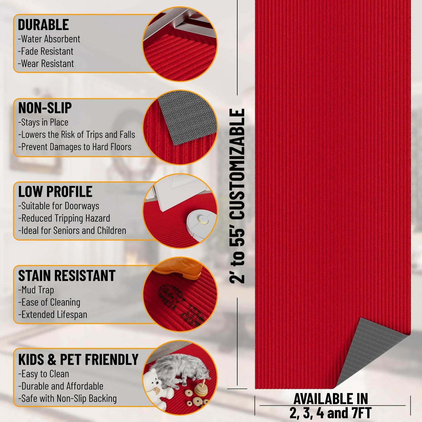 Ottomanson 2'7" x 50' Hallway Runner with Scraper Pile Extra Durable Non-Slip Rug Mat for Indoor & Outdoor Use - Ideal for Kitchen, Entryway, Patio & Garage - High-Traffic Carpet, Red
