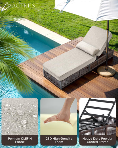 ACTREST Luxury Outdoor Chaise Lounge Chairs of 4 with 5 Inch Thick Cushions and Side Table - 6 PCS High Back Brown Wicker Rattan Patio Recliners Lounger Furniture Set for Poolside Sunbathing - Beige