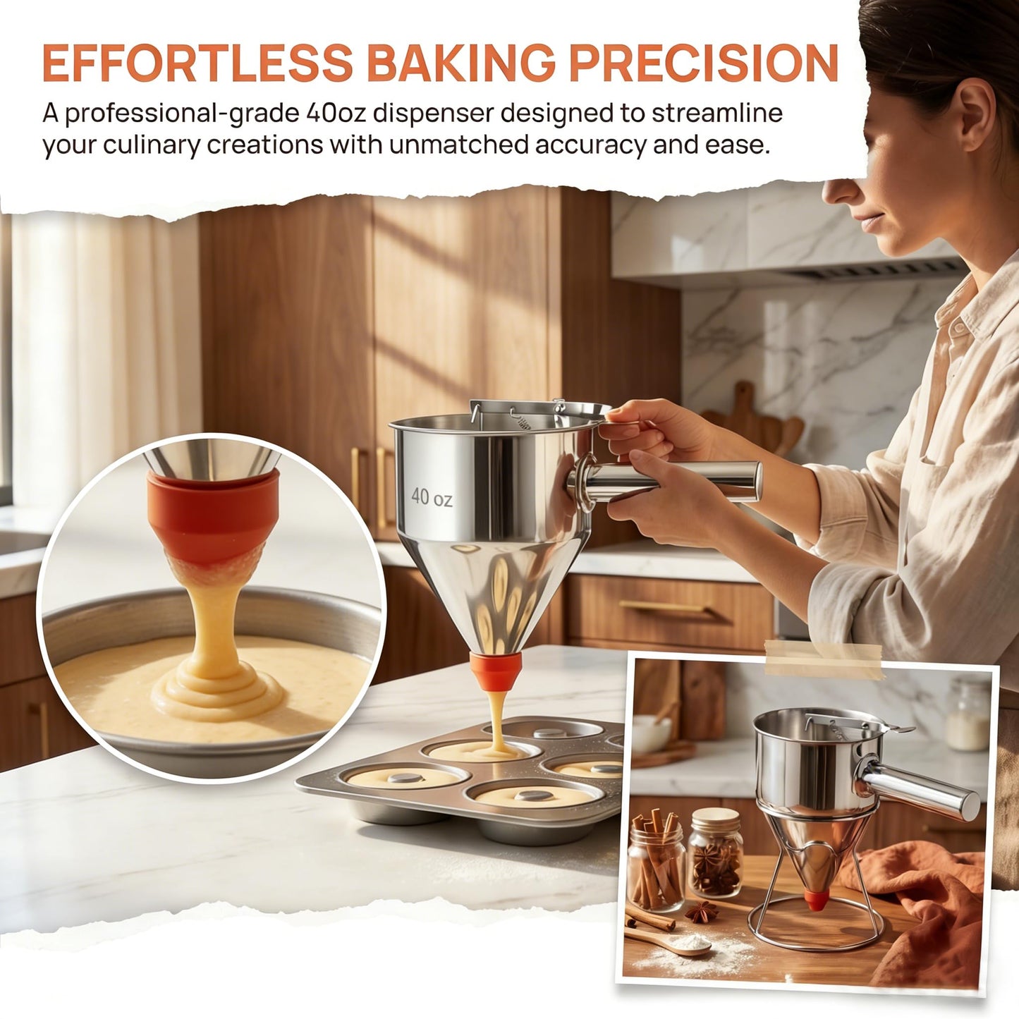 40oz 304 Stainless Steel Pancake Batter Dispenser With Dustproof Lid 4 Interchangeable Nozzles&Detachable Handle Perfect For Parent-Child Baking, Holiday Parties, Cupcakes Waffles。