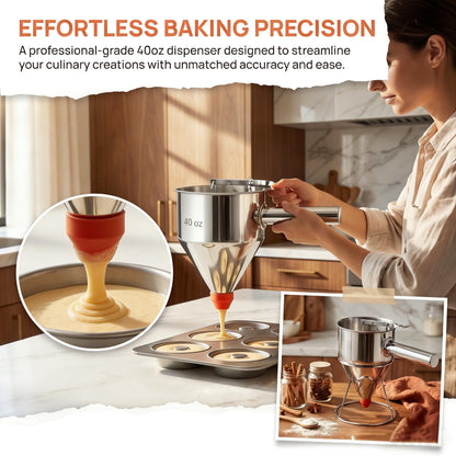 40oz 304 Stainless Steel Pancake Batter Dispenser With Dustproof Lid 4 Interchangeable Nozzles&Detachable Handle Perfect For Parent-Child Baking, Holiday Parties, Cupcakes Waffles。