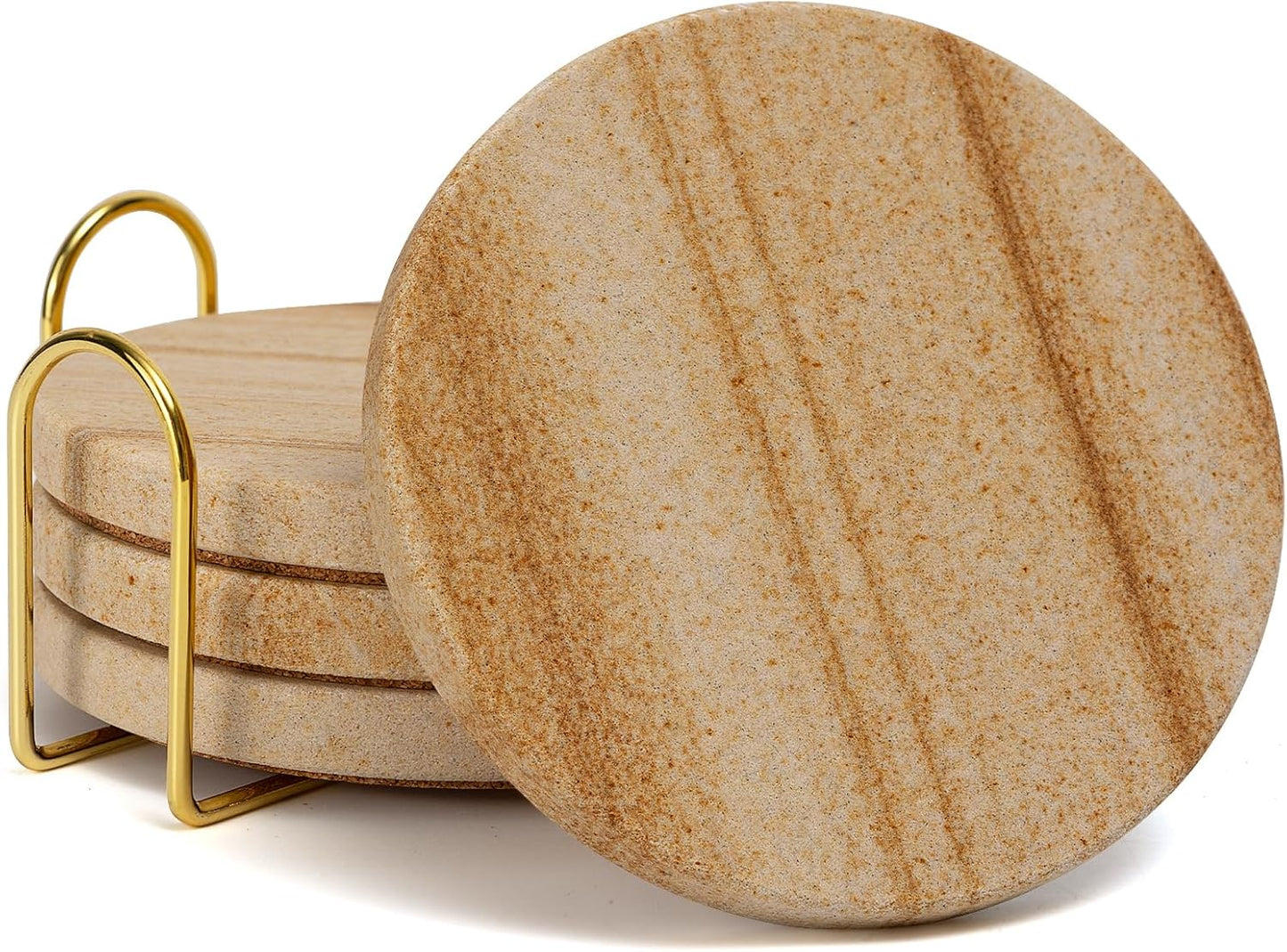 YONGHEE Set 4 4 Inch Sandstone Coasters of with Holder, Elegant Modern Round Marble Drink Coasters for Coffee Table
