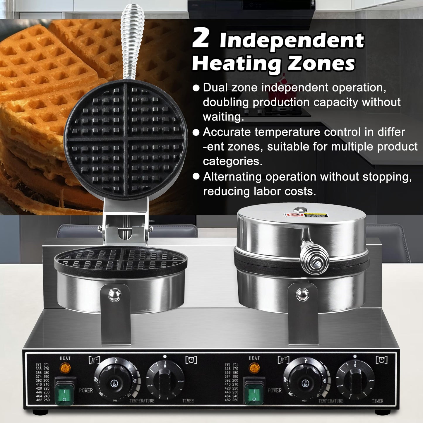 110V 2600W Commercial Double Waffle Maker,Non-Stick Commercial Waffle Baker,Stainless Steel Belgian Waffle Iron for Restaurant Party Food Stall, Bakery Snack Bar Family