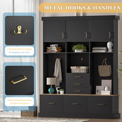 Amposei Hall Tree with Storage Bench & Coat Rack 58’’W Modern Tall Entryway Oranizer Cabinet with 6 Drawers, 3 Metal Hooks for Living Room Hallway Mudroom, Black