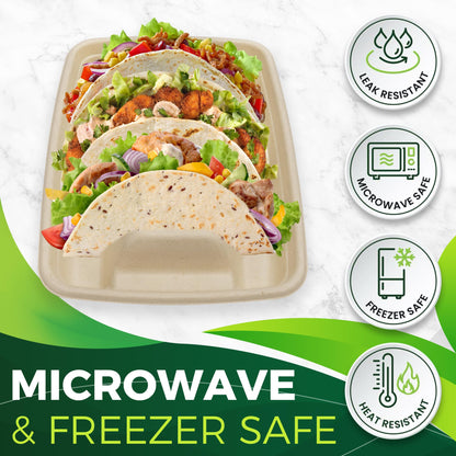 BIRCHIO 50 Pack Heavy Duty Disposable Fiesta Taco Holders, Taco Plates with 3 Dividers Serving for Party, Taco Stand for Taco Tuesday, Perfect for Taco Bar Supplies