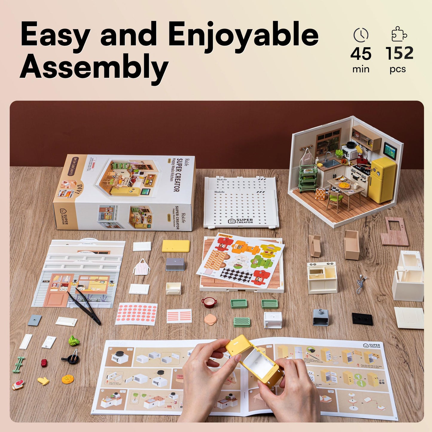 Rolife DIY Miniature Plastic House Building Set Toys Playset with LED Suitable for Mini Figures Construction Toys Diorama Kit Gifts for Teens Adults (Happy Meals Kitchen)