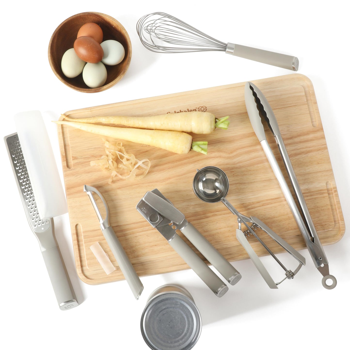 Calphalon Edge 6 Piece Stainless Steel Kitchen Tool & Gadget Set with Taupe Silicone Accents, Durable Heavy Gauge Stainless Steel Utensil Set with Non Slip Handles for Cooking