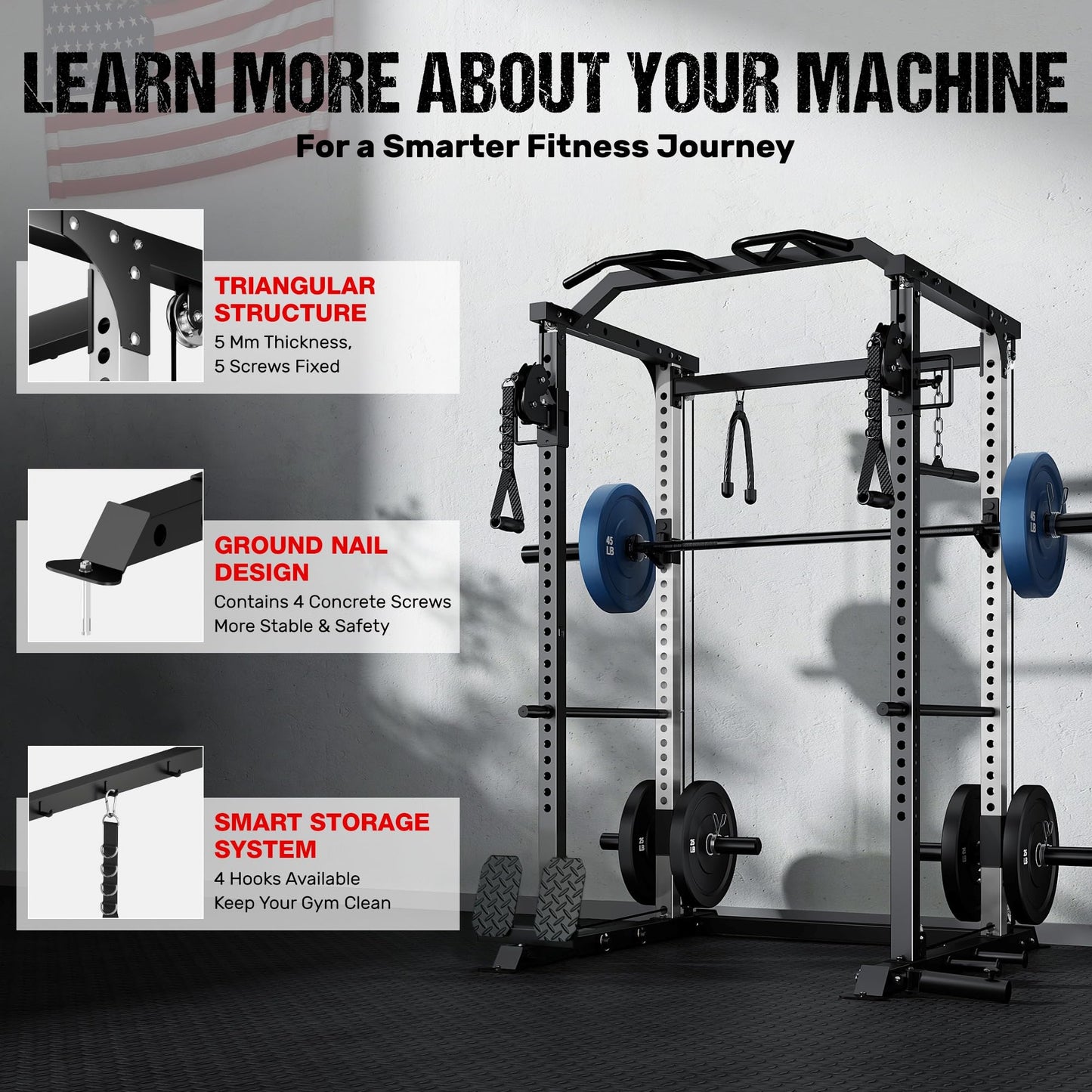 GOIMU DP01 Power Cage, 2000LBS Squat Rack with with Cable Crossover and Dual Independent Pulley System, Full Cage for Full Body Training, Power Rack with More Training Attachments for Home Gym(BK-Pro)